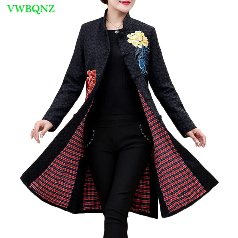 Весенне-осенний длинный женский ветровка с вышивкой 4XL большой размер женский пиджак модный тонкий Тренч A746