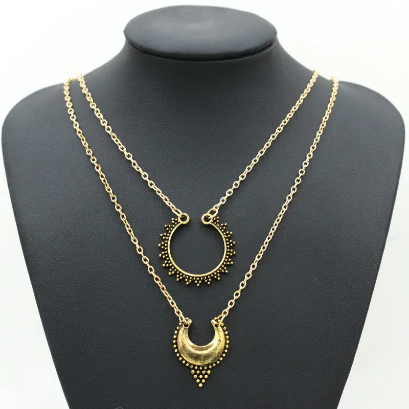 

Double Half Moon Pendant Necklaces Gold Plated Long Sweater Link Chain Statement Charm Women Men Jewelry Accessories