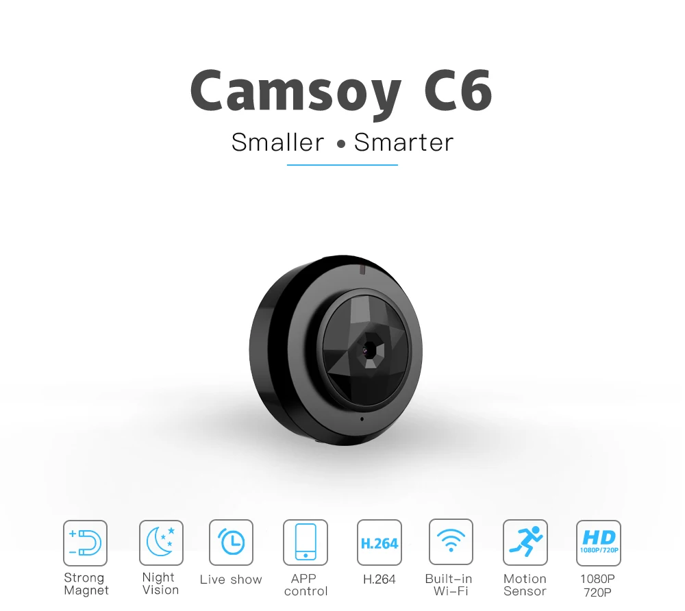 Camsoy C6 Cookycam микро wifi мини маленькая камера HD 720P с ночным видением IP wifi камера Домашняя безопасность видео видеокамера Скрытая - Цвет: Black