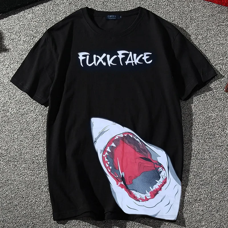 

8XL 7XL 6XL T-shirt Men Dangerous Big Shark Printed Short Sleeve Tee shirt Fashion Street Hip Hop Creative Tops Couples T shirts