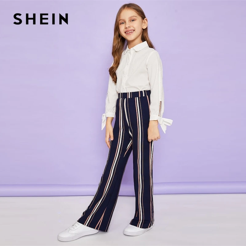 SHEIN Kiddie/Элегантные Синие штаны в полоску с эластичной резинкой на талии и широкими штанинами для девочек; коллекция года; сезон весна; модные повседневные брюки; брюки для девочек; детская одежда