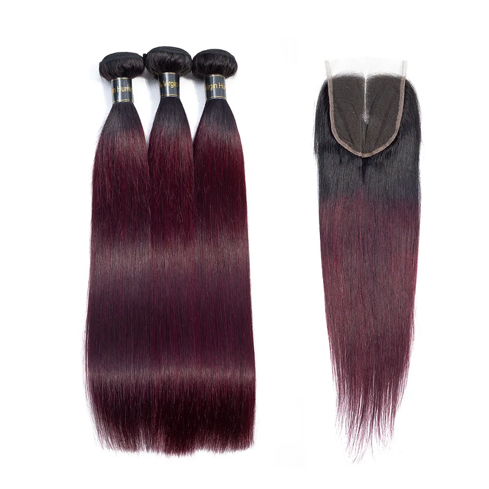 Омбре волос 3 пучка с закрытием QT Профессиональный 1B/99J бордовый темно-винный красный человеческие волосы перуанские прямые человеческие волосы
