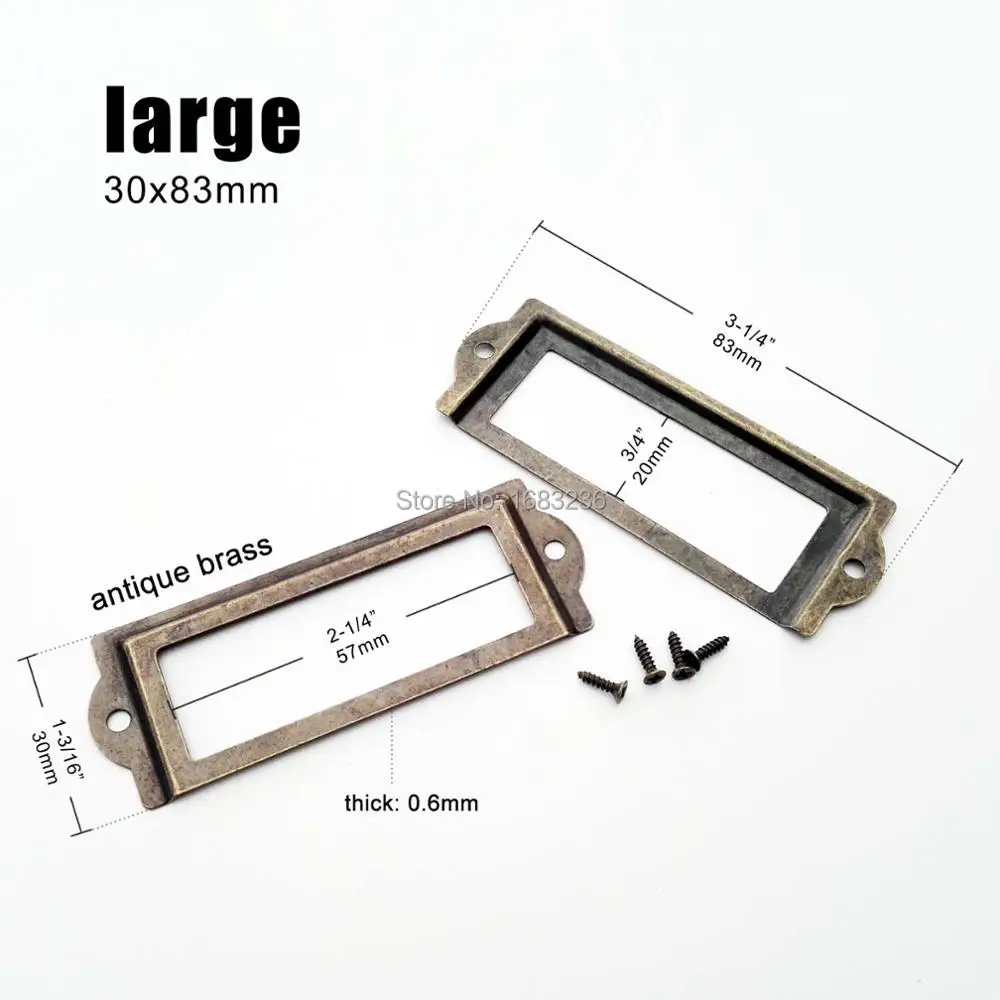 2, 6 штук в партии, мини большие металлические этикетки держатель тянуть рамки Внутренняя дверные ручки чаши имя файла держатель для карт для мебели выдвижной ящик в шкафу, 4 размера, S, M, L, 2 цвета