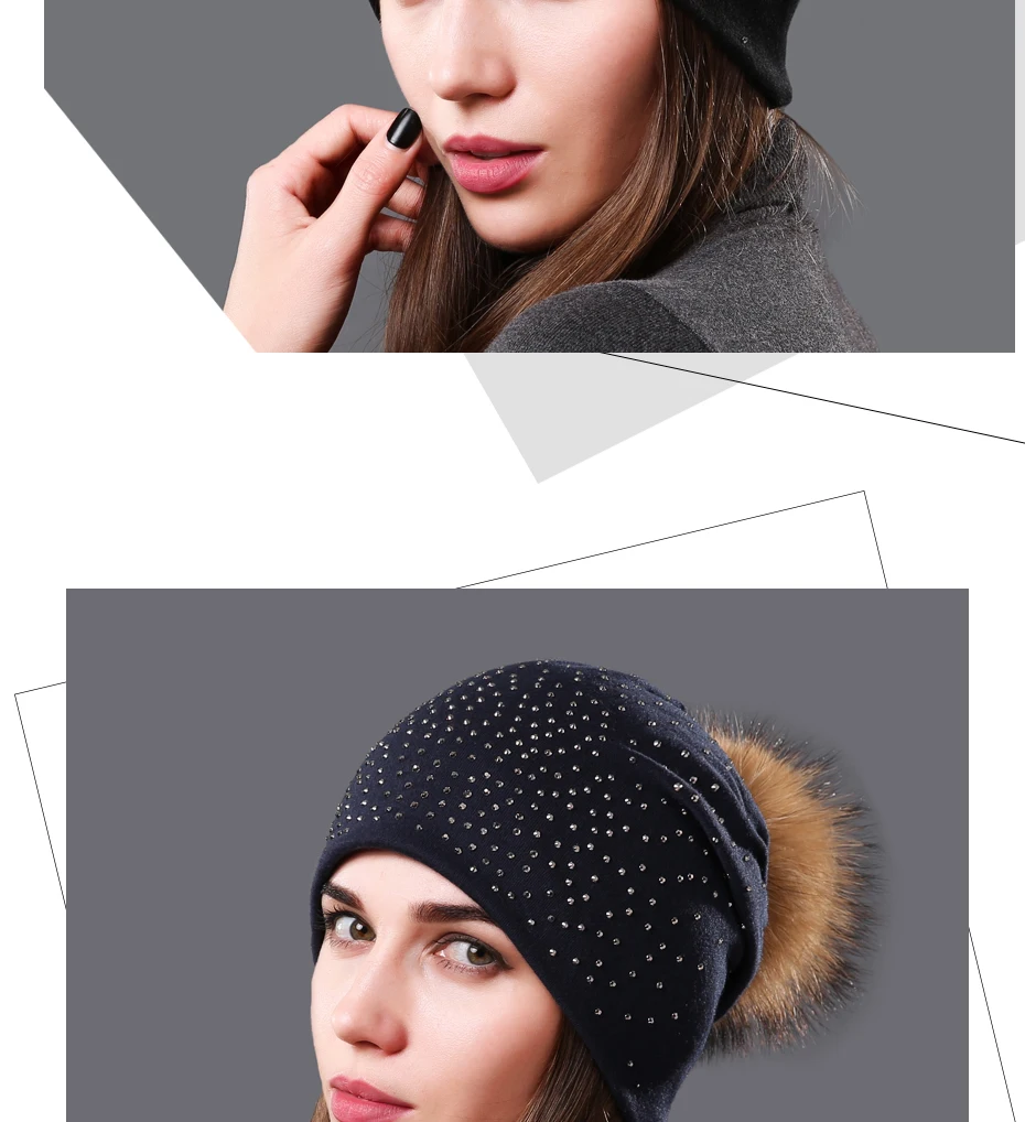 CNTANG Модные осенние вязаные шапки Стразы шапка для женщин женские шапки из натурального меха енота с помпоном зимние теплые хлопковые шапки