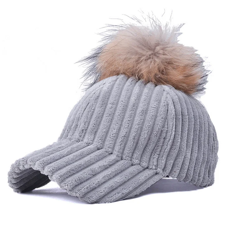 

2017 Fashion Women Faux Fur Pom Pom Corduroy Baseball Cap Curved Brim Hip Hop Caps Snapback Hats For Women