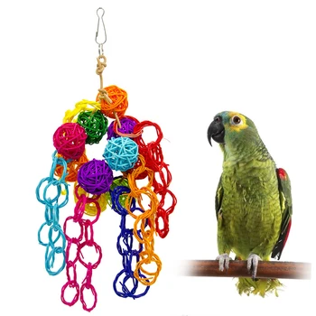 

Pet Supplies Rope Funny Colourful PU Leather Hanging Bird Toy Safe String Parrot Chewing Bite Gift Rattan Ball