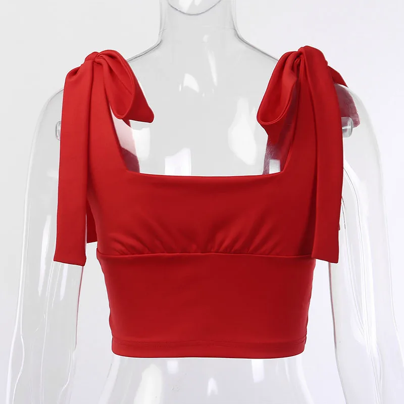Сексуальный белый женский укороченный топ с красным квадратным вырезом, без рукавов, с бантом на плече, короткий топ, женская уличная одежда, базовая Открытая Майка с пупком