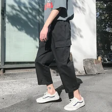 Корейские летние мужские модные декоративные карманы с эластичной резинкой на талии до щиколотки брюки свободные повседневные однотонные брюки M-2XL