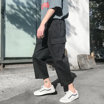 

2018 Korean Summer Men's Fashion Tide Pocket Decoration Elastic Waist Ankle-Length Pants Loose Casual Solid Color Trousers M-2XL