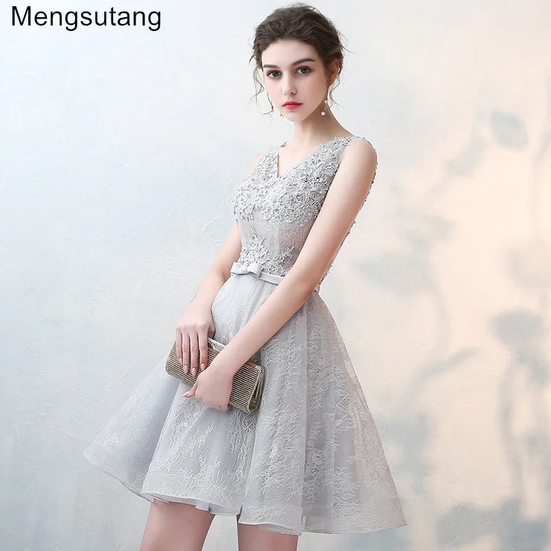 

Robe de soiree 2019 grey V-Neck sleeveless short evening dress vestido de festa prom dresses party dress tailor Custom made