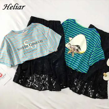 

Heliar O-Neck Striped T-Shirt And Lace Skirts Women T-shirt Skirt Sets Female Casual Two Pcs Outfits 2019 Summer Suits Women