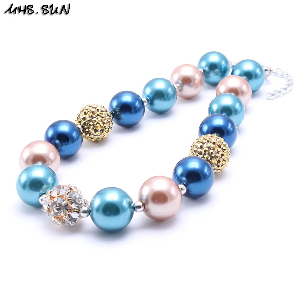 

MHS.SUN 2pcs Blue+Gold Color Design Kid Chunky Bubblegum Necklace Girl Children Chunky Bead Necklace Jewelry Best Gift to Baby