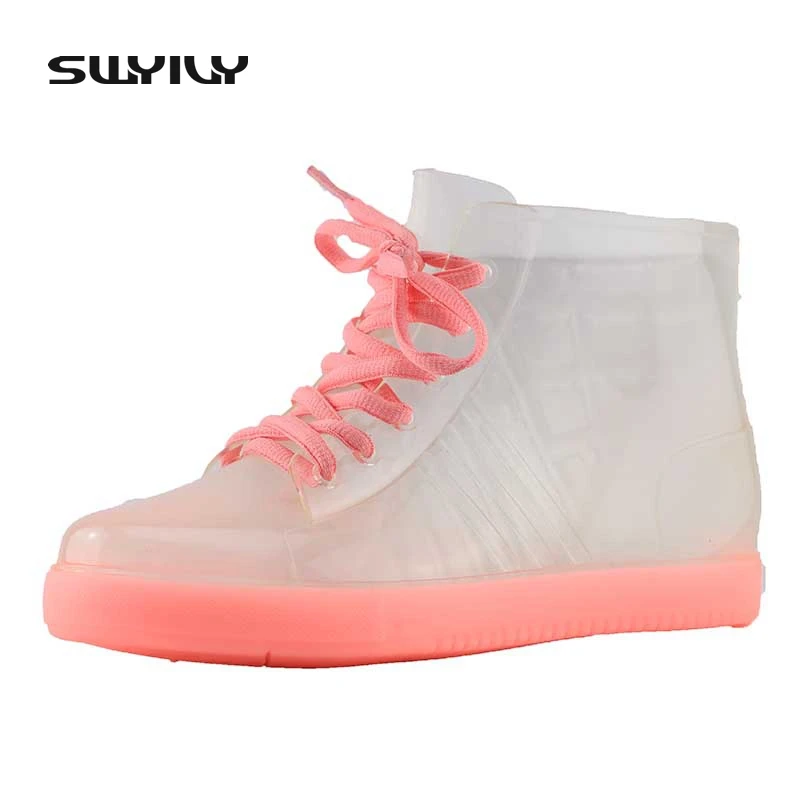 SWYIVY Rain Boots Woman Ankle Lacing Up Rubber Boots Rain Transparent Waterproof Rainboots Woman Casual Shoes Ladies Rainboots