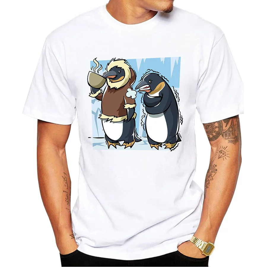Funny Two Penguins Printed T Shirt Men Short Sleeve Round Neck Casual