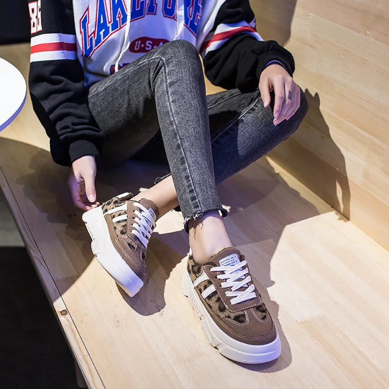 

Winter Fashion Casual Suede Shoes Woman Leopard black khaki Sneakers Flat Heels Platform Shoes Women Tenis Zapatos Mujer 35-39