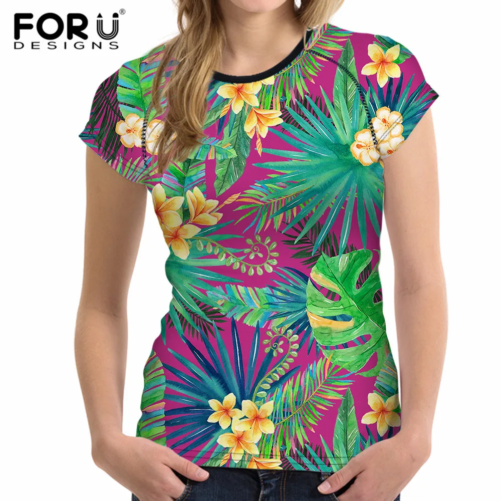 Forudesigns Casual Tropical Plant Print Women T Shirt Summer Tops