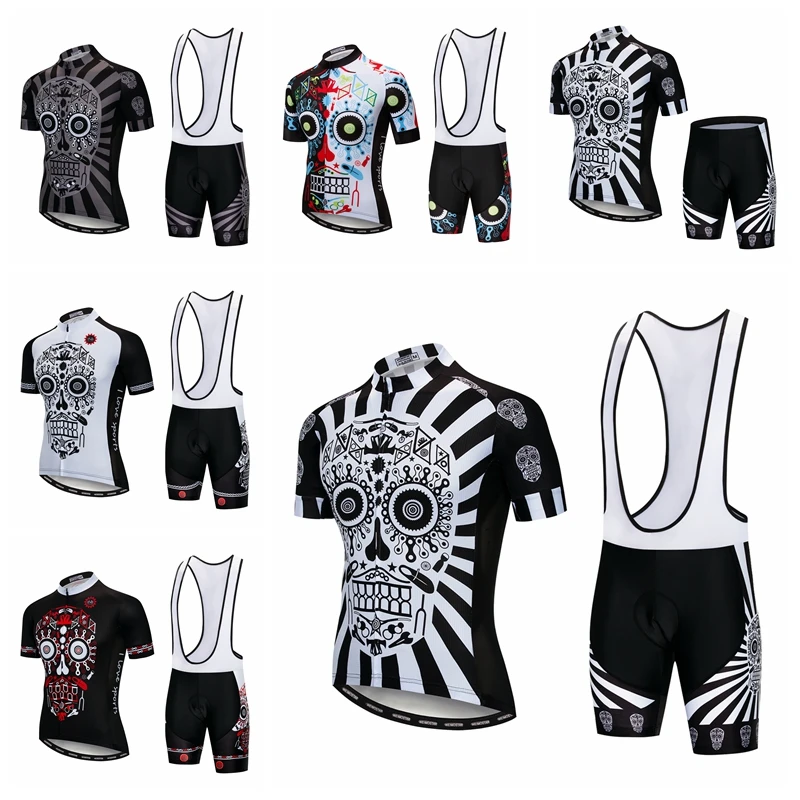

Cycling set bike jersey set Black White Skull Cycling Clothing ropa ciclismo short sleeve bicycle bib shorts suit quick dry