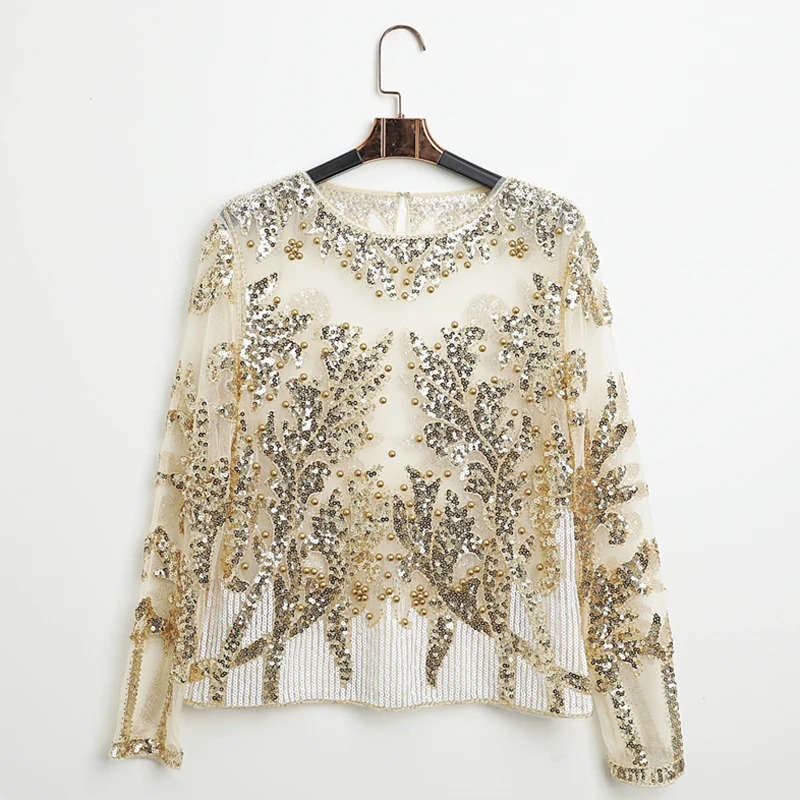 

Partsix Sexy Sequined embroidery Gold Flower Shirt shiny Transparent gauze Heavy Beading Blouses