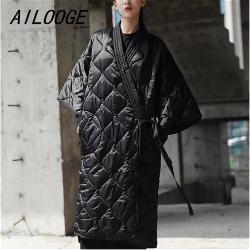 

AILOOGE 2018 Dark black winter Japanese kimono bandage robe loose long cotton padded jacket winter warm long coat