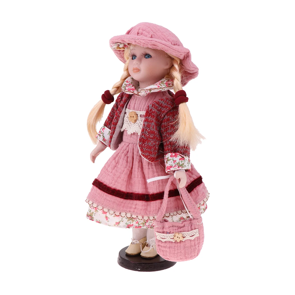30cm Lovely Porcelain Girl Doll with Clothes Pink & Stand Home Display Decor Gift Porcelain Baby Figurines Dolls Collectible