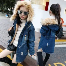 5 14Years Old Children Winter Jacket Fashion Big Fur Collar Thickness Long Clothing Girl Denim Parkas