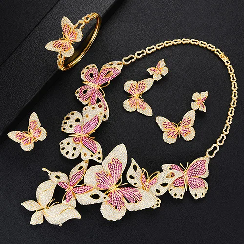 Gold-Hot pink SisCathy 4 шт модный нигерийский Свадебный кубический цирконий ожерелье/серьги/браслет/кольцо с изменяющимся размером комплекты украшений для женщин - Окраска металла: Gold-Hot pink
