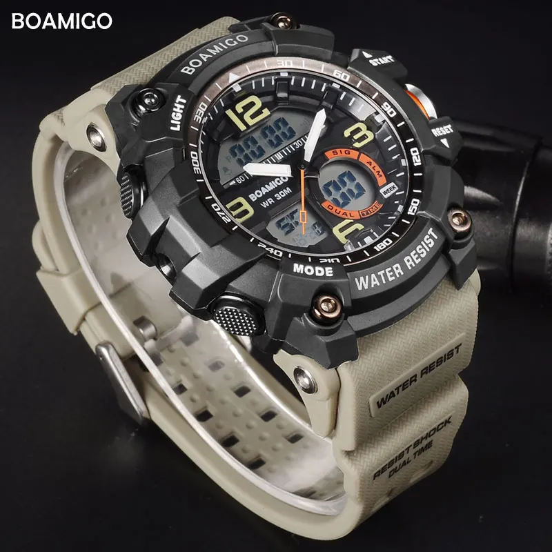 Online BOAMIGO Männer Sport Military Armee Uhren Mann Quarz Armbanduhren LED Digital Uhr männlichen schock Wasser Beständig Uhr Reloj Hombre
