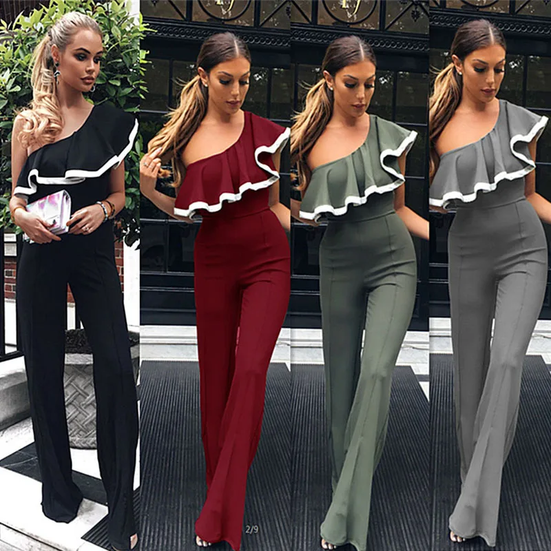 Women Sexy Strapless Shoulder Jumpsuits 2019 New Irregular Ruffled Jumpsuit Casual Wide Leg Pants Fashion Women's Clothing