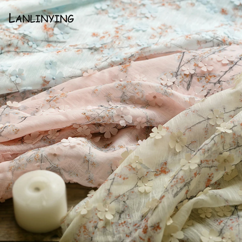 150 см Широкий ретро печать 3D цветок органза тюль кружево ткань мягкое Элегантное свадебное платье DIY ткань для Ципао D689