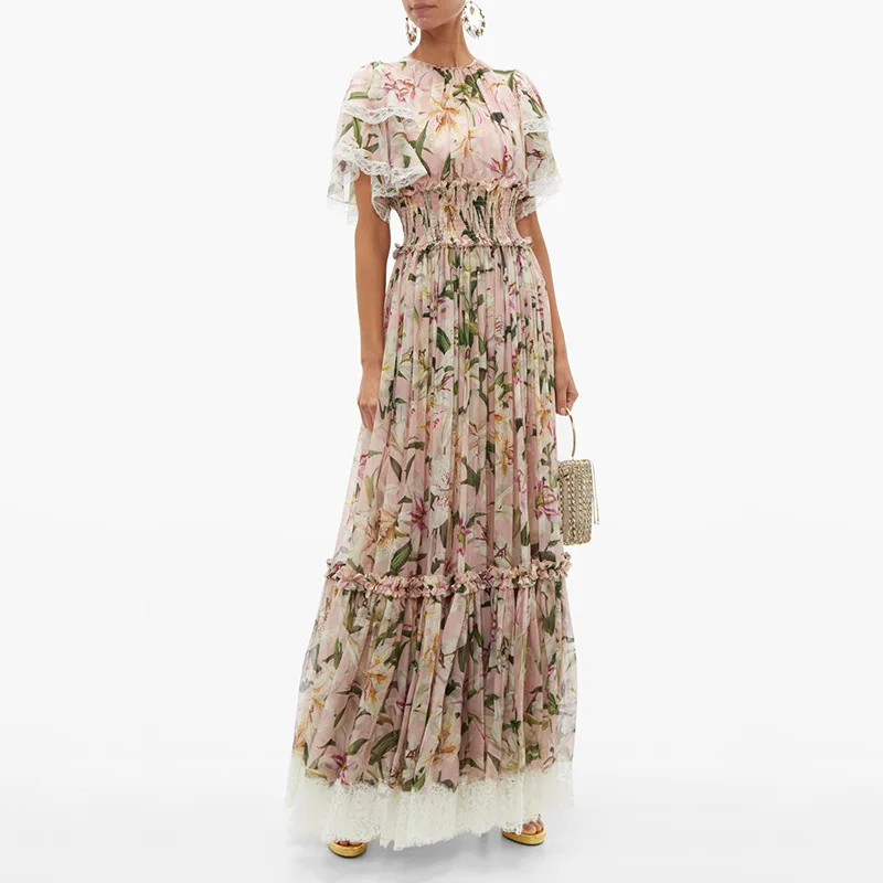 

New Arrival Lily Printed Satin Stitching Lace Long dress Pink dress 190626SL01