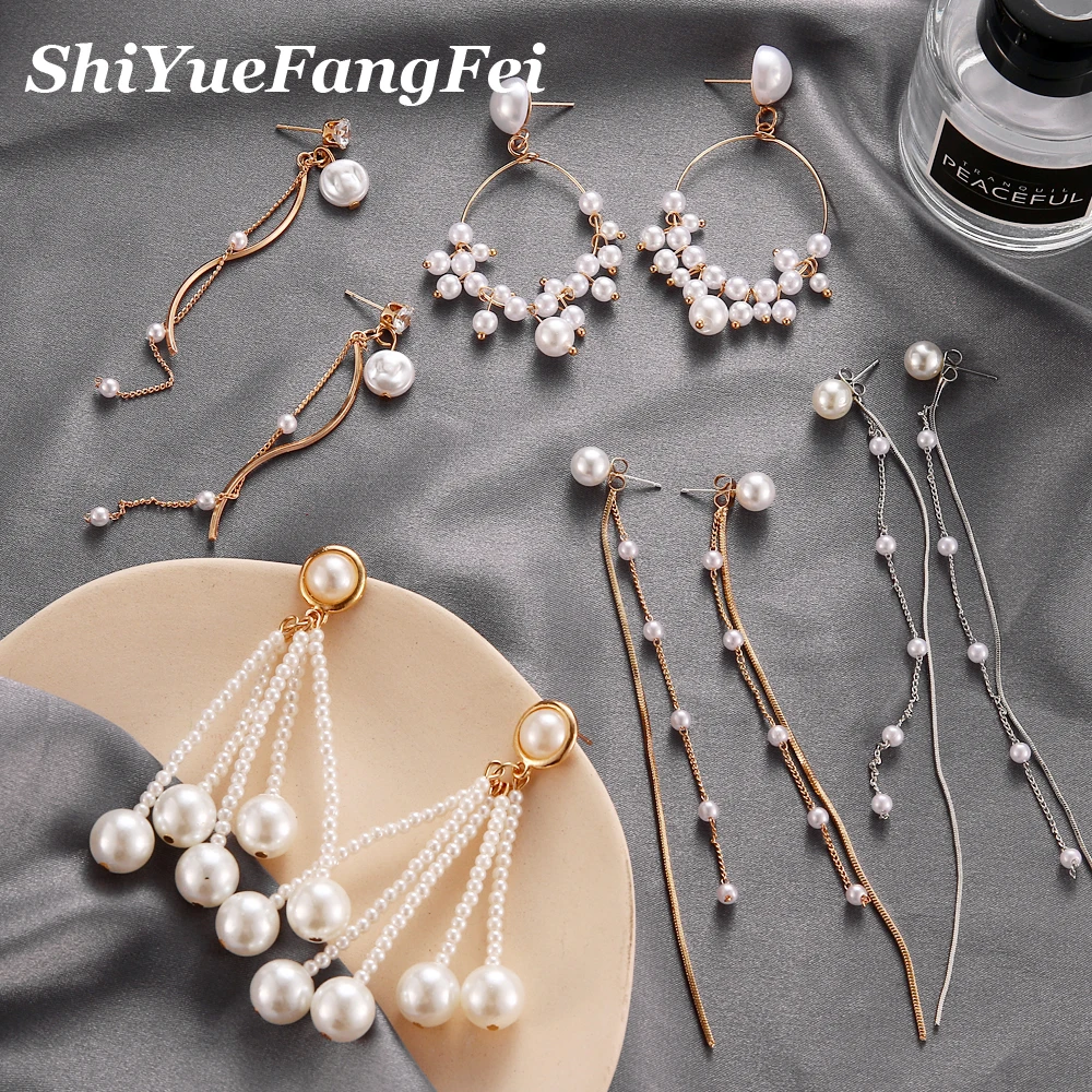 

Trendy Elegant Created Big Simulated Pearl Long Earrings Pearls String Statement Drop Earrings For Wedding Party Gift
