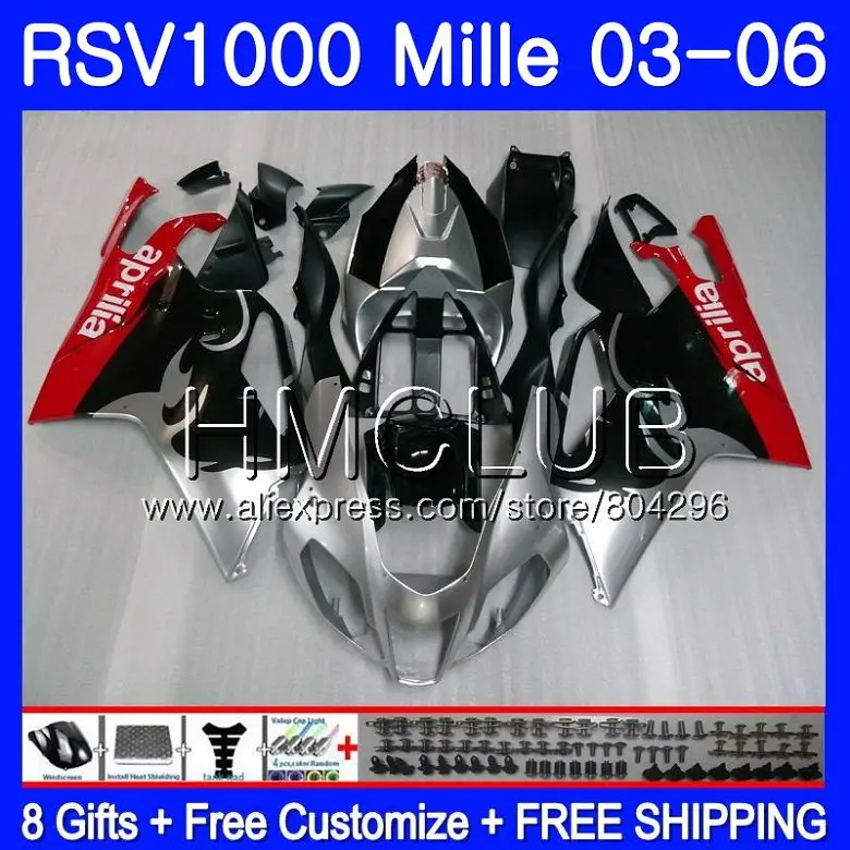 

Bodys For Aprilia RSV1000 R RR 03 04 05 06 RSV1000R Mille Silvery black 123HM20 RSV1000R RSV1000RR 2003 2004 2005 2006 Fairings