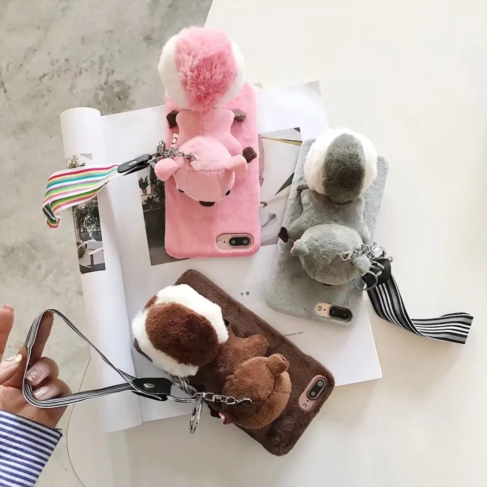 3D Cute plush squirrel For iphone X 8 7 6 6S Case With lanyard plush