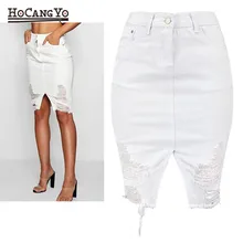 HCYO, Женская юбка с завышенной талией, рваные белые джинсовые юбки, Женская Сексуальная мини-юбка с кисточками и разрезом спереди, женские хлопковые джинсовые юбки