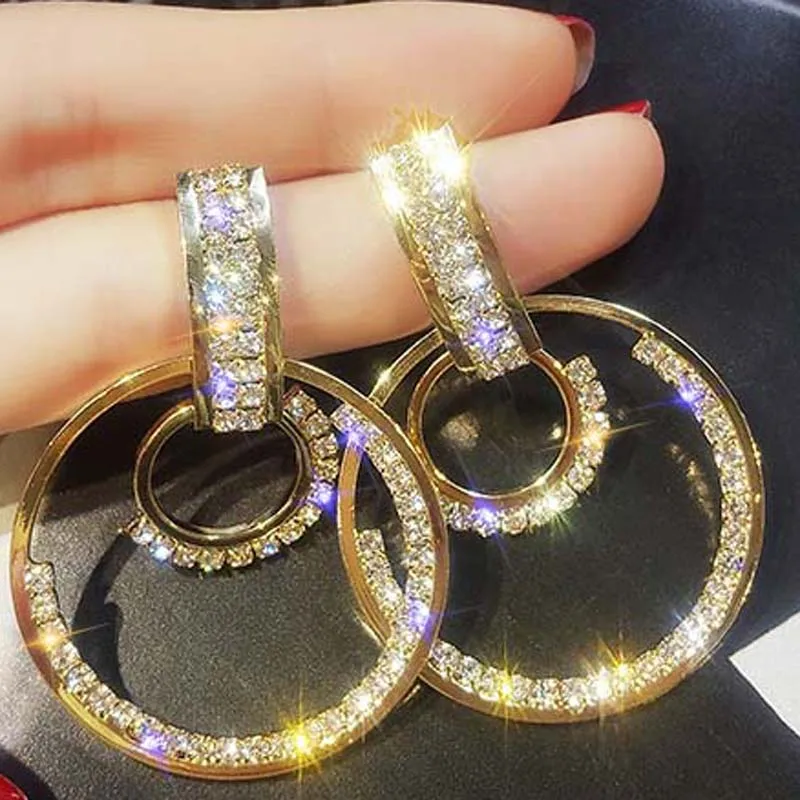 

Fashion Shining Circle Drop Earrings Precision Inlay Gold Silver Rhinestone Earrings for Women Wedding Party Jewelry