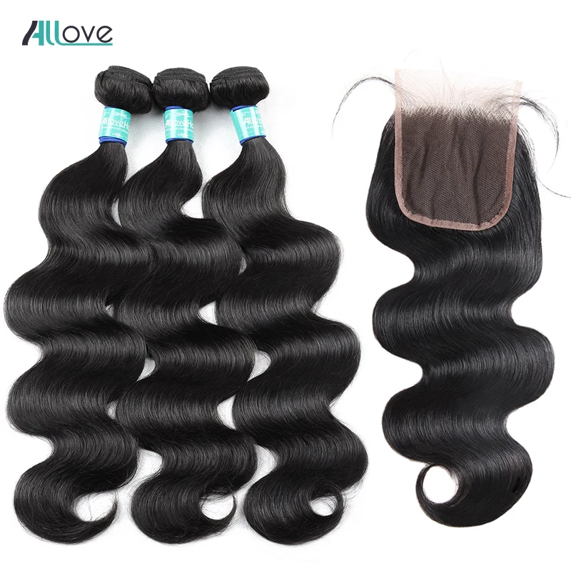 

Allove Body Wave Bundles With Closure 100% Remy Human Hair 4 pcs/lot Peruvian Hair Bundles With Closure Free/Middle/Three Part