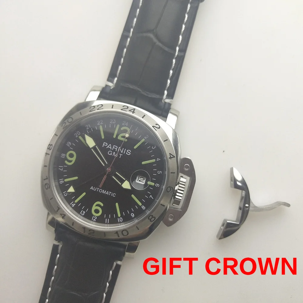 

parnis GMT wristwatch black dial automatic movement watch 44mm stainless steel case black leather strap P-7