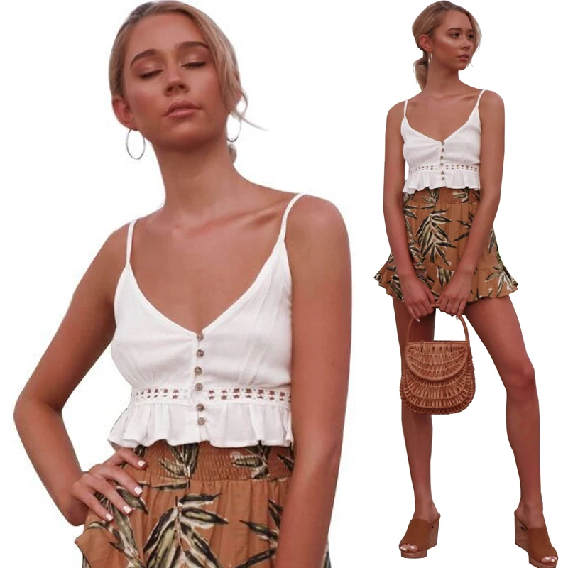 

Women Deep V Neck Lace Crop Top 2019 New Summer Fashion Sexy White Backless Button Ruched Hollow Out Ruffle Camisole Crop Tops
