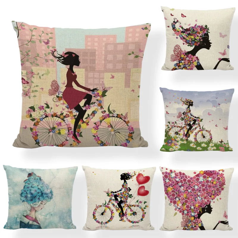 

Abstract Design Cartoon Girl Colorful Flowers Cushion Cover Butterfly Bicycle Love Sofa Decorate Room Garden Car Seat Pillowcase