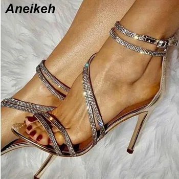 

Aneikeh 2019 Gold Bling Crystal Sexy Women Sandals High Heels Zip Gladiator Women Sandals Stiletto Wedding Pumps Size 35-42