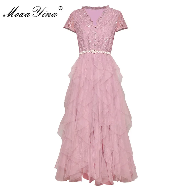 

MoaaYina Fashion Designer Runway dress Spring Summer Women Dress V-neck Short sleeve Lace Patchwork Mesh Ball Gown Dresses