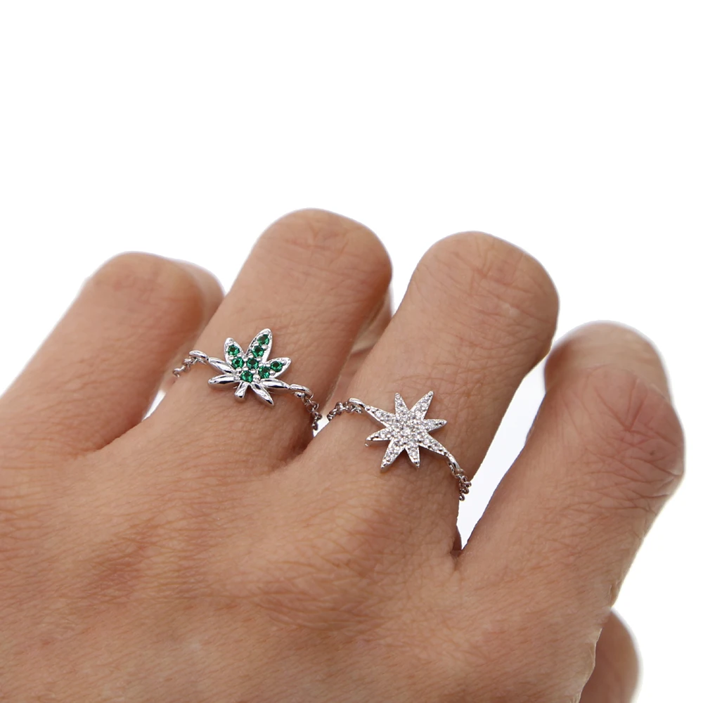 micro pave cz sparking bling star north star charm adjust chain band fashion trendy women rings finger ring adjustable rings