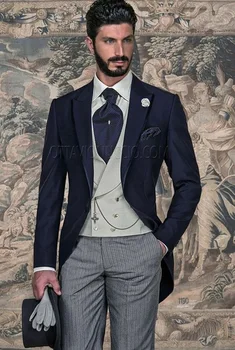 Cena 2018 Najnowsze Wzory Płaszcz Pant Włoskiej Marynarki Wojennej Niebieski Szary Rano Mężczyźni Garnitur Slim Fit 3 Sztuka Tuxedo Klienta Groom Prom Blazer Masculino