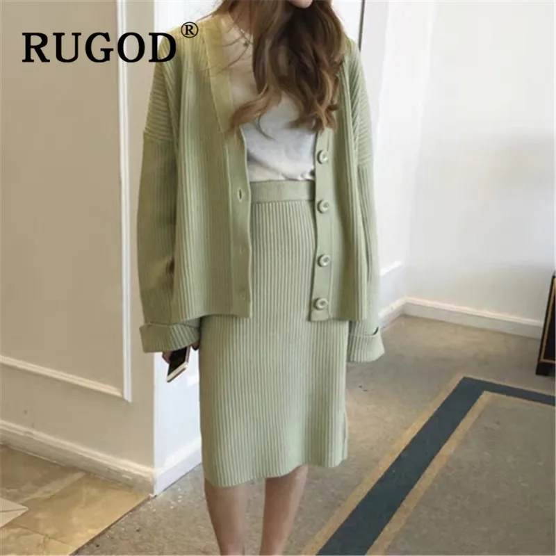 

RUGOD Elegant ladies 2 pieces knitted suits Korean chic new single-breasted women cardigan & hight waist sweater skirts female