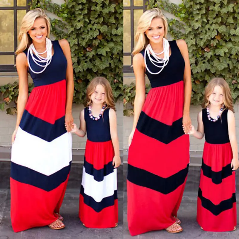 

Mother & Daughter Family Stripe Matching Dress Women Girls Boho Halter Dress Outfits