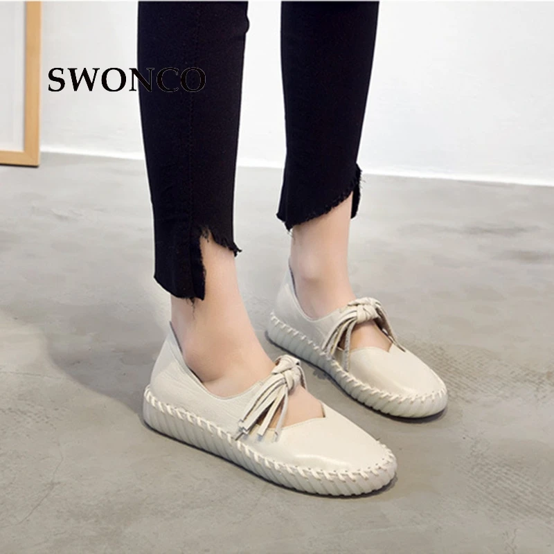 Mocassins 2018 En Main Dames Swonco black Cuir Plat La purple Chaussures Véritable Femmes Beige De Gland Vintage Appartements À 8ON0vnmw