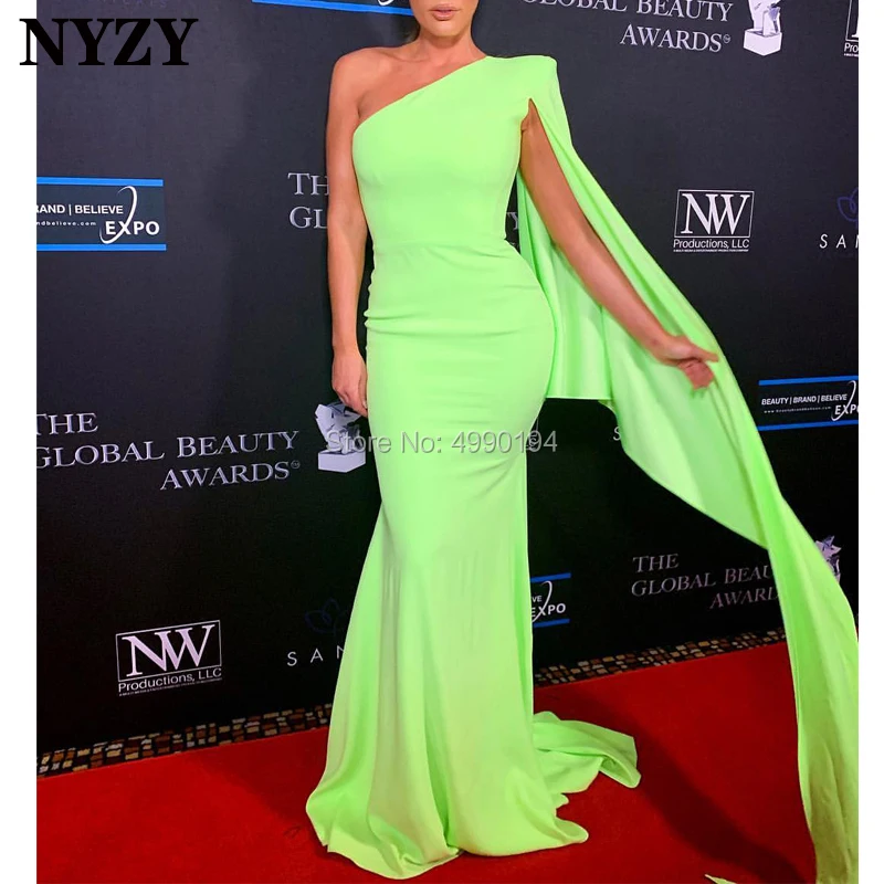 NYZY E127 Elegant Yellow Green One Long Sleeve Party Gown Formal Dress Simple Mermaid Evening Dress 2019 vestido longo festa