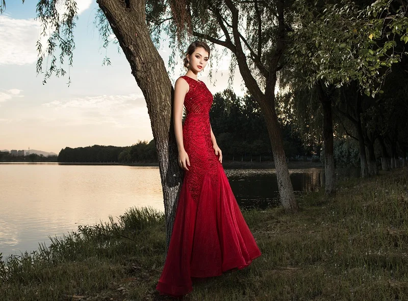 Women's Elegant Crystal Beading Long Evening Dress Model Show 2