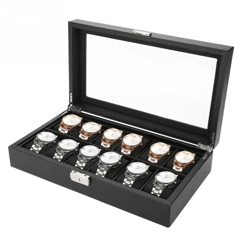 

1Pc 12 Grids Watch Display Storage PU Carbon Fiber Leather Case Organizer (Black)