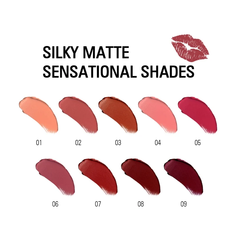 Sexy 9 Colors Silky Matte Lipstick Makeup Waterproof Pigmented Lip Stick Long-lasting Lips Make Up Cosmetics